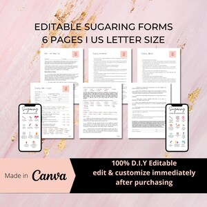 Formularze konsultacji dotyczących depilacji cukrowej I Tekstowy wosk cukrowy Pielęgnacja przed zabiegiem Pielęgnacja po zabiegu PNG JPG I Szablon Canva do samodzielnego edytowania do wydruku I SW002T