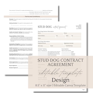 Deckchen Hundevertragsvereinbarung, bearbeitbare Hundezucht Canva-Vorlage, Canine Züchtervertrag Hundezuchtvereinbarung Stud Dog Vertragsvorlage