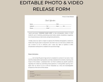 Photo And Video Release Form, Salon Photo And Video Release Form, Esthetician Photo Release Form, Makeup Photo Release Form
