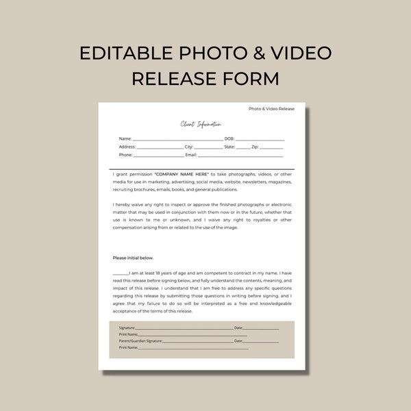 Photo And Video Release Form, Salon Photo And Video Release Form, Esthetician Photo Release Form, Makeup Photo Release Form