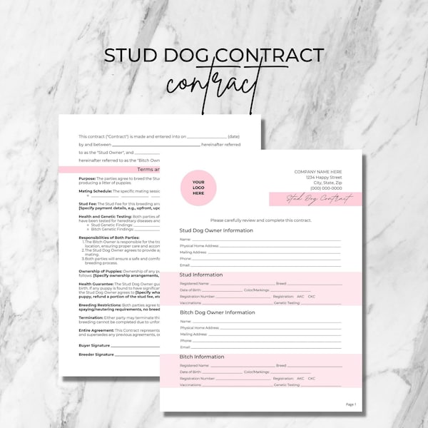 Stud Dog Contract Agreement, 2 Page Editable Canva Template, Pink Accent, Breeder Contract, Dog Breeding Agreement, Stud Dog Terms
