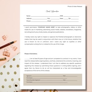 May include: A photo and video release form with a white background and black text. The form includes fields for client information, a section for granting permission to take photographs and videos, and a section for waiving rights to inspect or approve the finished product. The form also includes a section for the client to initial below, indicating their agreement to the terms of the release.
