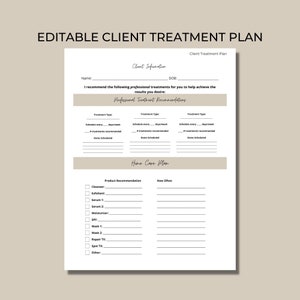 Client Treatment Plan I 1 Page I DIY Editable Canva Template I Professional Service Recommendation Form I Home Care Regimen I Skincare Plan