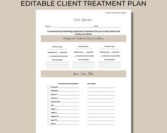 Client Treatment Plan I 1 Page I DIY Editable Canva Template I Professional Service Recommendation Form I Home Care Regimen I Skincare Plan