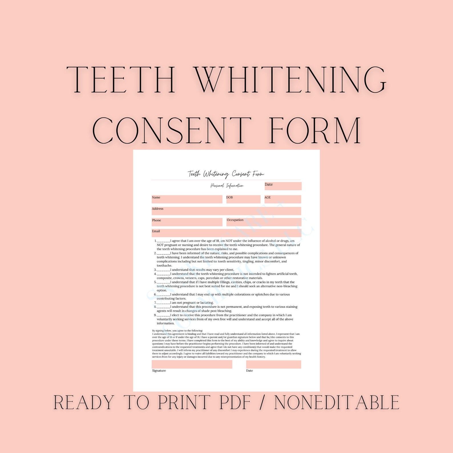 Ready To Print Teeth Whitening Consent Form Teeth Bleaching Etsy