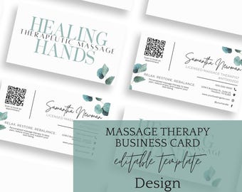 Editable Massage Therapist Business Card Template, QR Code (Canva)