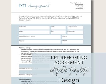 Pet Rehoming Agreement, Dog Cat Adoption Contract, Editable Canva Template (Digital Download)