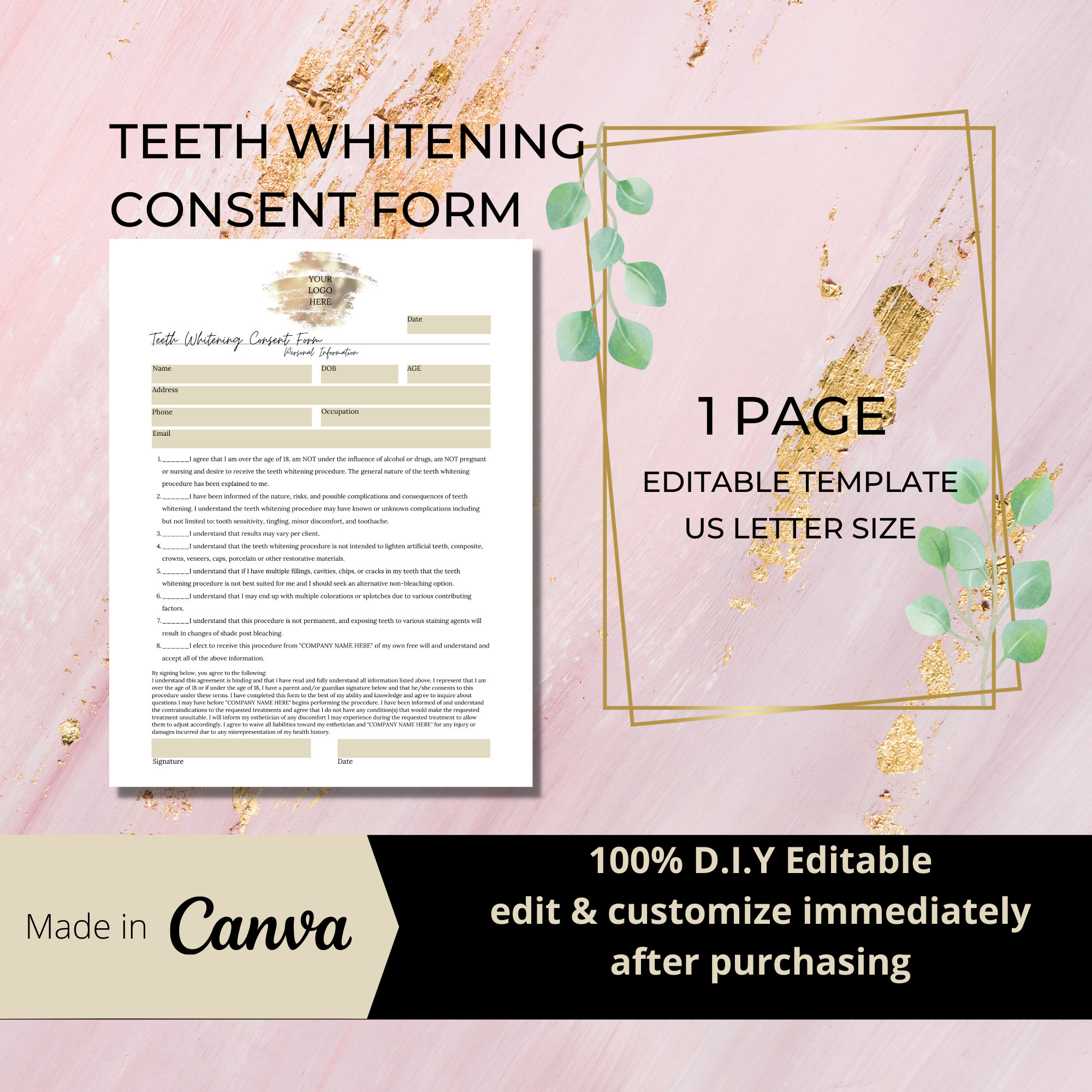 Teeth Whitening Consent Form I Editable Canva Template I 1 Etsy