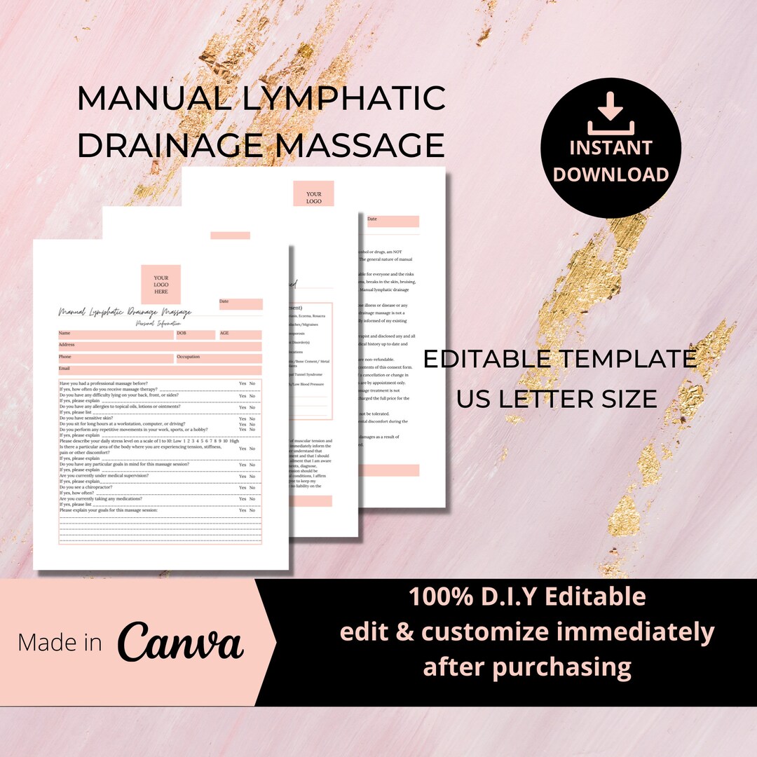 MLD Manual Lymphatic Drainage Massage Intake Form I DIY Editable Printable Canva Template I ...