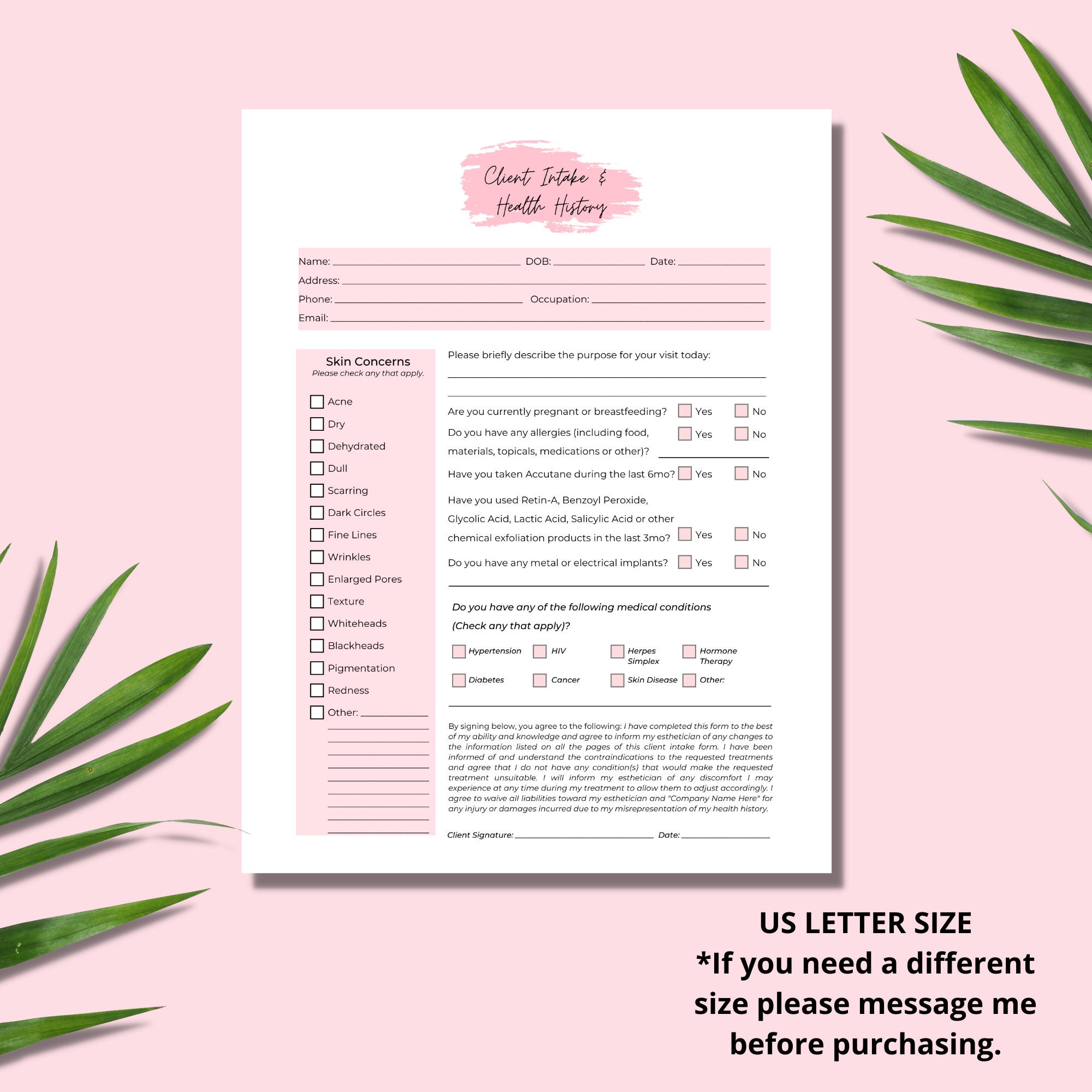 Editable Esthetician Client Intake Form Editable Printable - Etsy