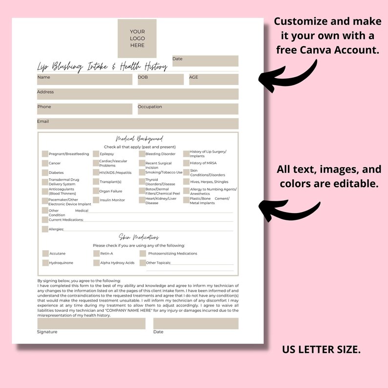 Lip Blushing Intake Consent Precare Aftercare Forms DIY Etsy