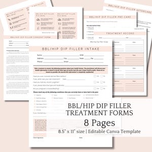 Op de afbeelding: Afdrukbare BBL/Hip Dip Filler behandelingsformulieren sjabloon in roze en wit met een titel die zegt "8 pagina's" en "8.5" x 11" size | Bewerkbare Canva-sjabloon.