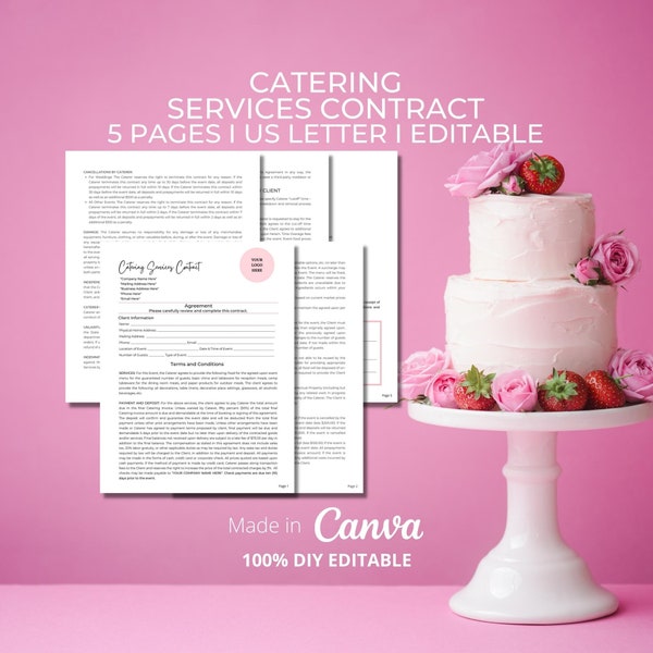 Catering Services Contract Agreement, DIY Editable Printable 5 Page Canva Template, Pink Accent, Wedding and event catering contract CON012