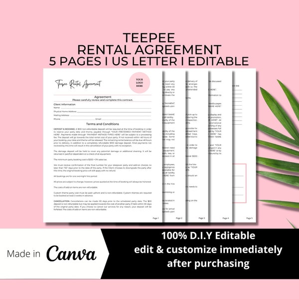 Teepee Rental Contract Agreement, DIY Editable Printable 5 Page Canva Template, Pink Accent, Sleepover Party Rental Agreement for kid adult