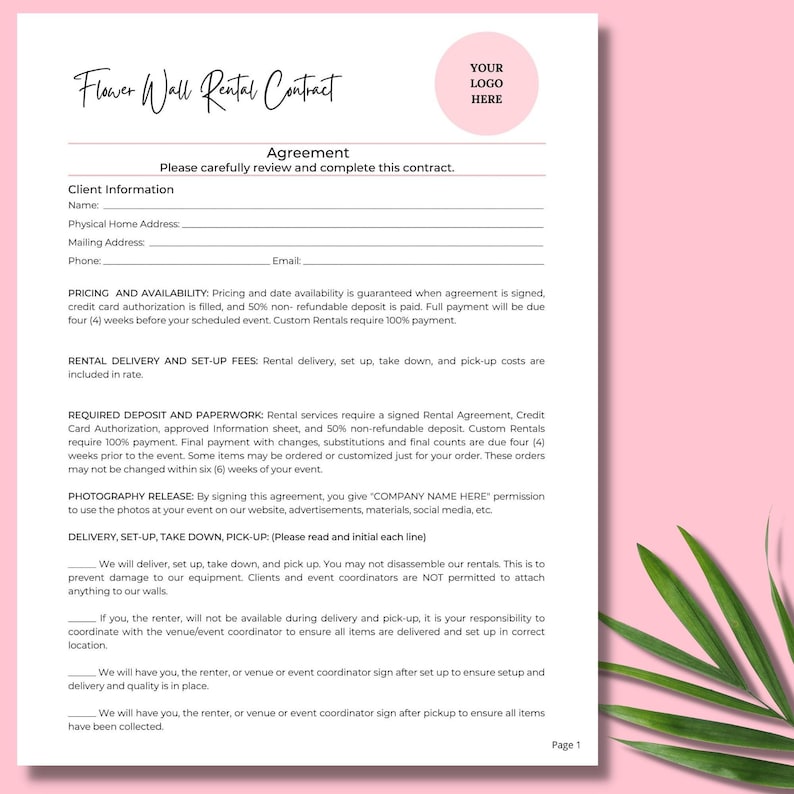 Editable Flower Wall Rental Contract Agreement I 4 Page Canva Etsy