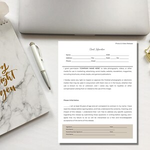 May include: A black and white photo and video release form with fields for name, address, phone, city, email, date of birth, state, and zip code. The form includes a section for granting permission to use photographs and videos for marketing and advertising purposes. It also includes a section for waiving any right to inspect or approve the finished photographs or electronic matter. The form includes a section for initialing below and a section for signatures and dates.