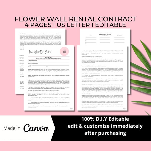 Editable Flower Wall Rental Contract Agreement, 4 Page Canva Template, Pink Accent, Silk & Paper Flower Wall Services, Printable CON003T