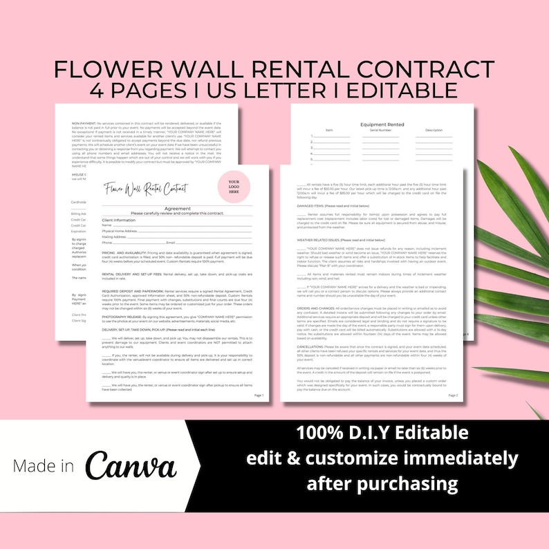 Editable Flower Wall Rental Contract Agreement I 4 Page Canva Etsy