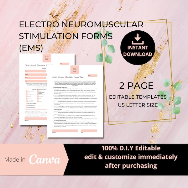 Elektro Neuromuskuläre Stimulation EMS Intake & Consent Forms I 2 Seite I DIY Editierbare Printable Canva Template I Microstrom I Beige