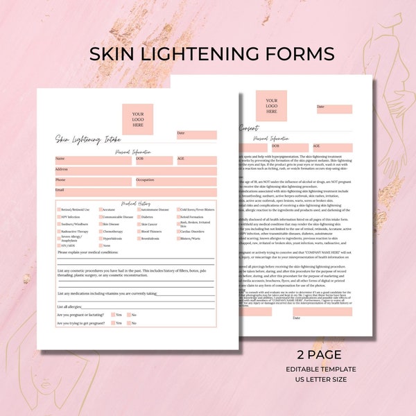 Skin Lightening Intake and Consent Form, DIY Editable and Printable 2 Page Canva Template, Cream Skin Bleaching, ISB002T