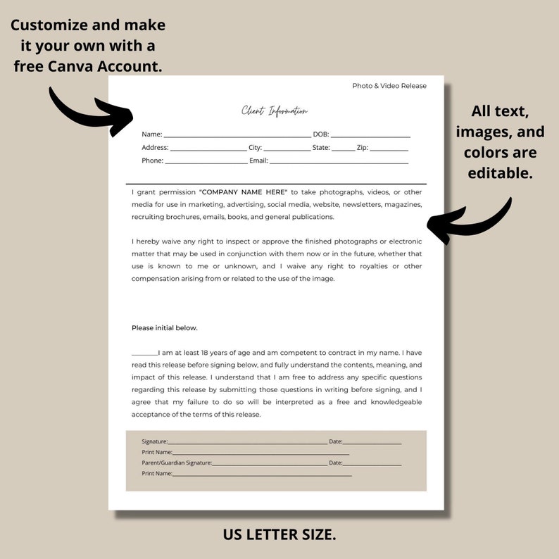 Editable Photo and Video Release Form Template (canva) - Etsy