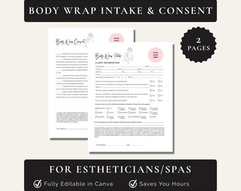 Redigerbar intagnings- och samtyckesblankett för kroppsinpackning för hudterapeut, blanketter för spa-salong (Canva-mall)