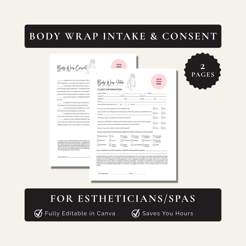 Editable Esthetician Body Wrap Intake and Consent Form, Spa Salon Forms ...