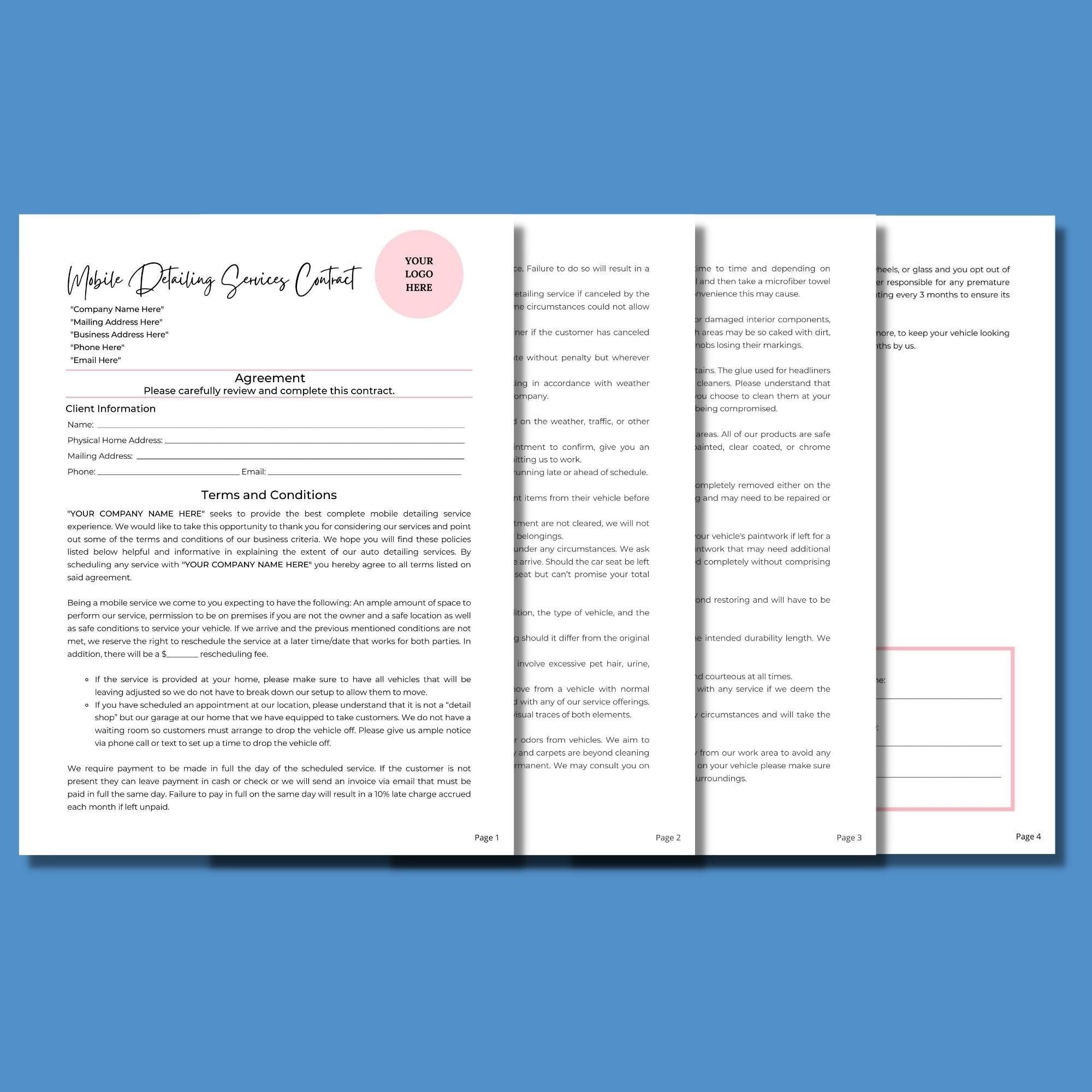 Mobile Detailing Services Contract Agreement DIY Editable Etsy