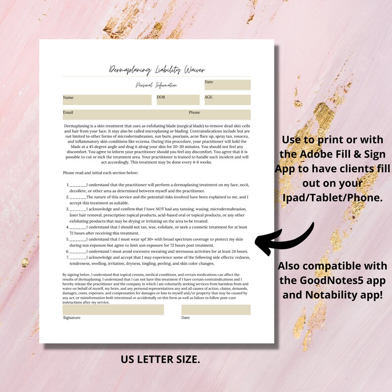 Dermaplaning Liability Waiver Esthetician Form Printable Etsy