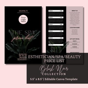 Design de lista de preços para esteticistas, modelo de lista de preços editável para spa, menu de serviços moderno e luxuoso, lista de preços para tratamentos de spa em preto e rosa-claro