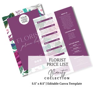 Diseño de menú de precios de floristería, plantilla editable de lista de precios de floristería, lista de servicios florales, menú de precios de servicios de floristería, plantilla de 5.5 x 8.5