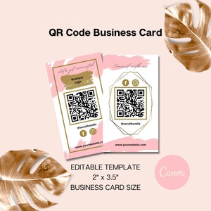 Connect With Us QR Code Business Cards, Pink White & Gold Business Cards Template, DIY Editable Canva Template, Social Media Card, Flyer