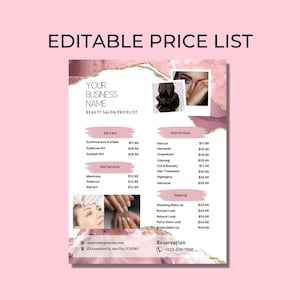 Bearbeitbare Kosmetikerin Preisliste Menüvorlage, Day Spa Preisliste Menü, ästhetisches Servicemenü, Salon Service Menü, Blush Pink Achat, Feminin