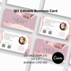 Design de cartão de visita editável, modelo editável faça você mesmo, download instantâneo, ágata rosa blush, cartão de visita estético, cartão de esteticista