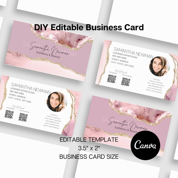 Editable Business Card Design, DIY Editable Template, Instant Download, Blush Pink Agate, Aesthetic Business Card, Esthetician Card