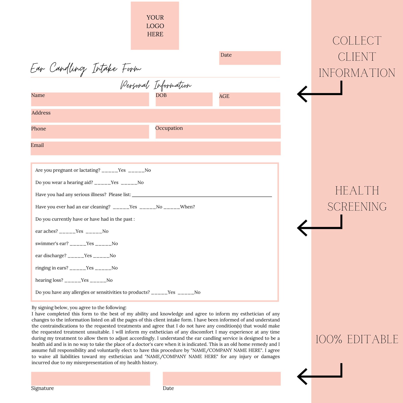 Editable Ear Candling Consent Waiver Template Editable in Etsy