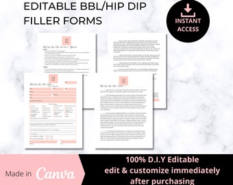 Op de afbeelding: Bewerkbare formulieren voor BBL- en heupdip-fillerbehandelingen. De formulieren zijn ontworpen voor gebruik in een medische omgeving en bevatten secties voor patiëntinformatie, toestemming en nazorginstructies. De formulieren zijn gemaakt in Canva en kunnen worden aangepast. De tekst op de formulieren luidt "Bewerkbare BBL/Heupdip-fillerformulieren", "Direct toegang", "Gemaakt in Canva", "100% D.I.Y Editable edit & customize immediately after purchasing", "Toestemming voor heupdip-filler", "Service en nazorg voor heupdip-filler" en "Patiëntenintake voor heupdip-filler".