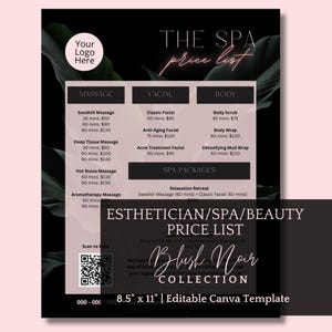 Lista de preços de esteticista de luxo, modelo de lista de preços de spa editável, menu de serviços de luxo moderno, lista de preços de spa em preto e rosa-claro