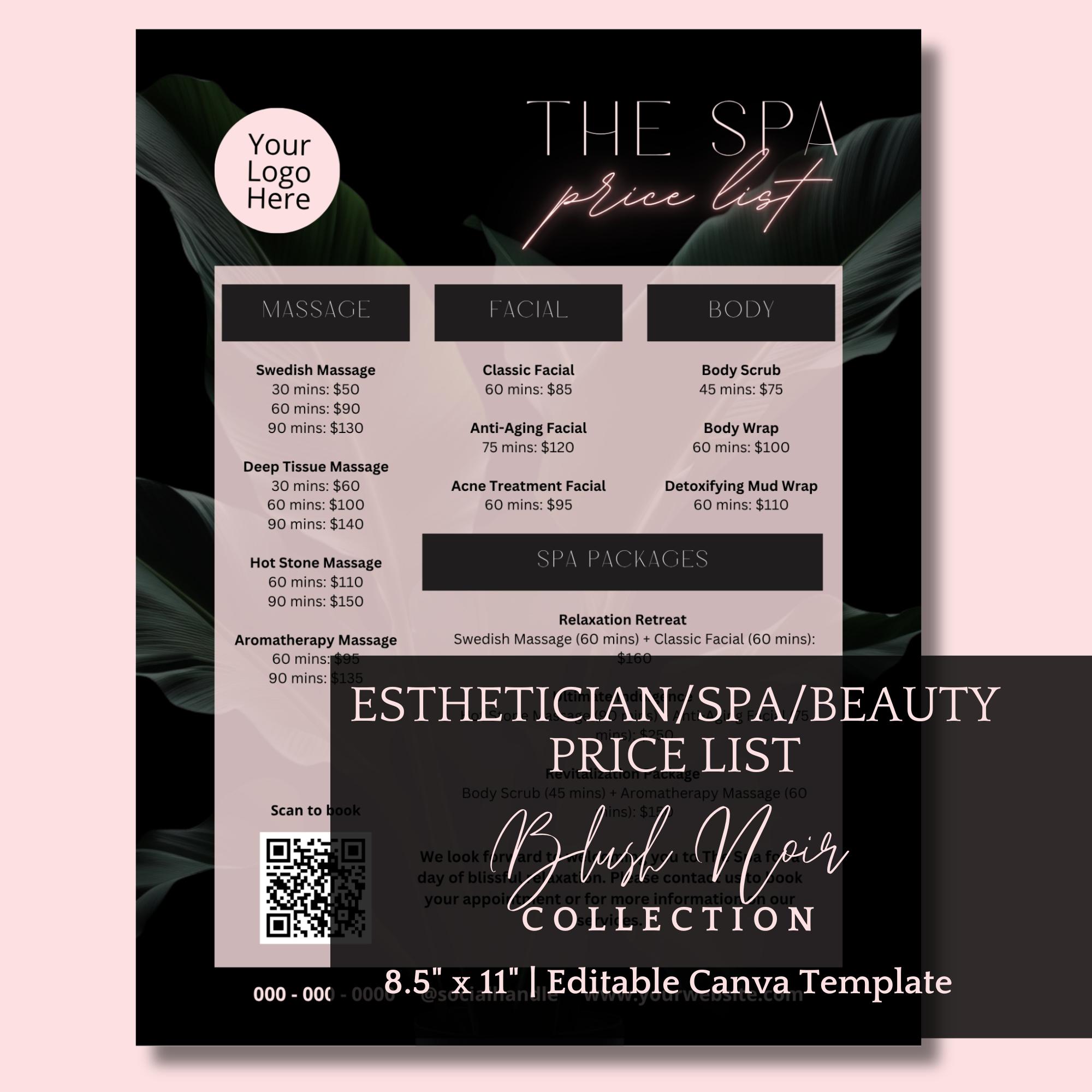 Luxury Esthetician Price List Design, Editable Spa Price List Template,  Modern Luxe Service Menu, Black and Blush Pink Spa Price List Sheet
