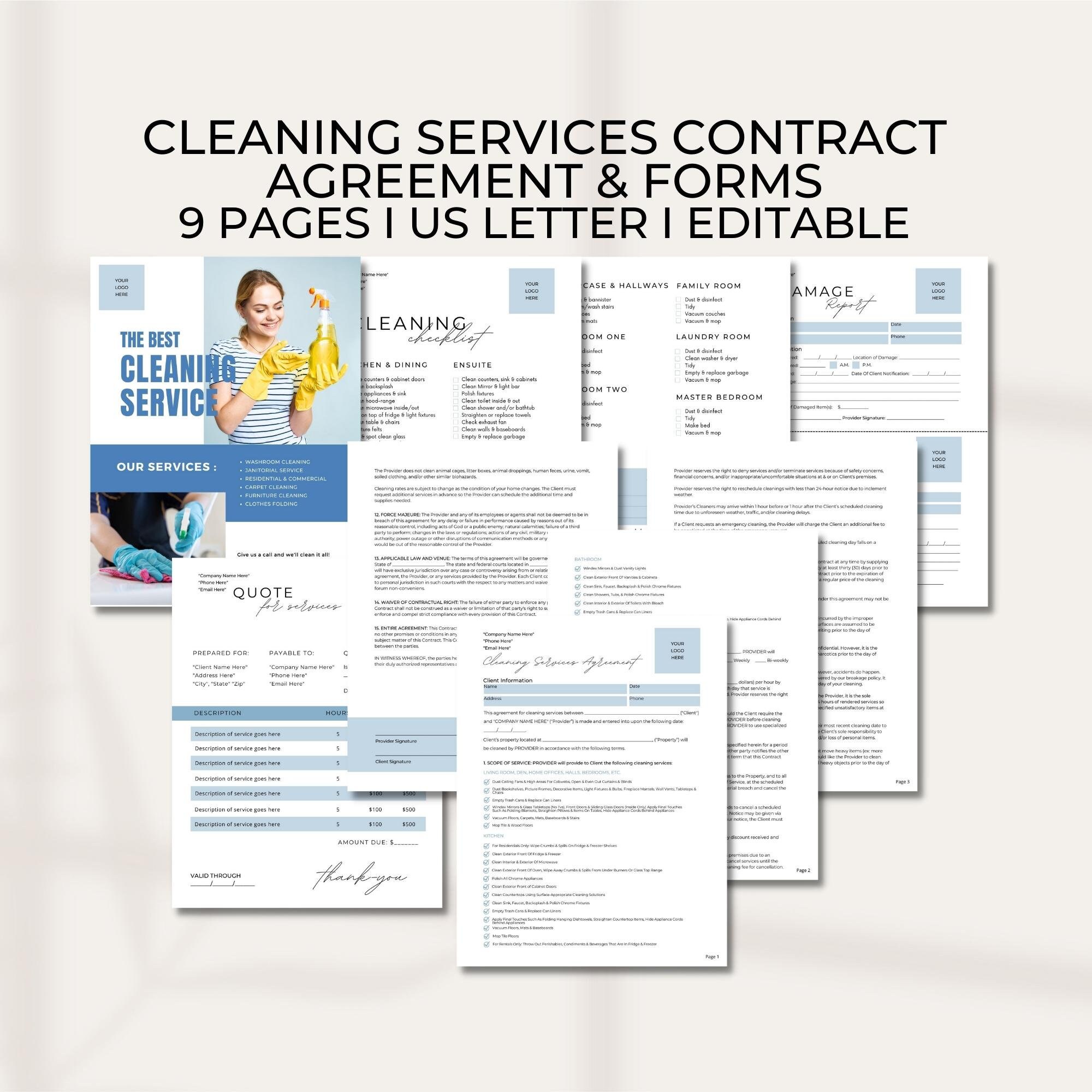 EDITABLE Cleaning Service Contract Bundle Maid Forms CANVA Etsy