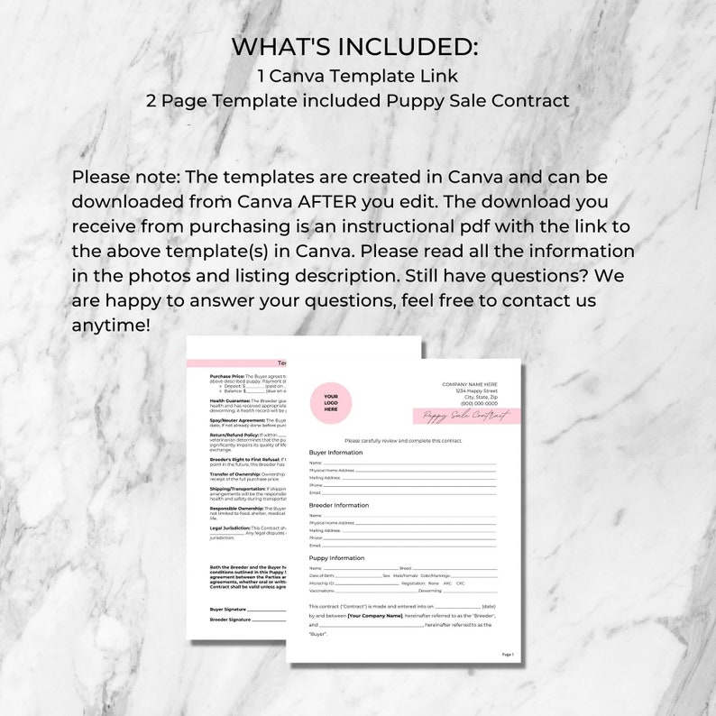 Puppy Sale, Contract, Agreement, Breeder Form, Dog Adoption, Editable Template, Puppy Purchase Agreement Template