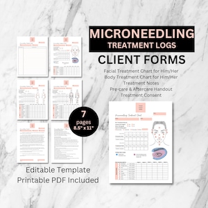 May include: A set of seven printable PDF forms for microneedling treatment logs. The forms include a facial treatment chart, body treatment chart, treatment notes, pre-care and aftercare handout, and treatment consent. The forms are 8.5 inches by 11 inches.