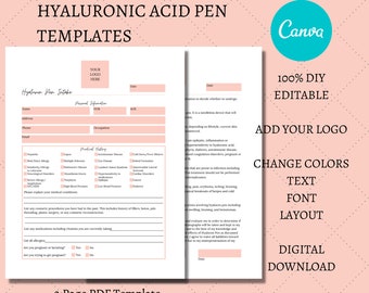 Hyaluronic Acid Pen Intake Consent Forms, DIY Editable Printable 2 Page Canva Template, Esthetician, Needle Free, Pink White, HP001T