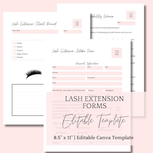 Formulaires d'extension de cils, pose d'extensions de cils, formulaire de consentement à la décharge de responsabilité des cils, modèle canva modifiable, formulaires client de cils, esthéticienne