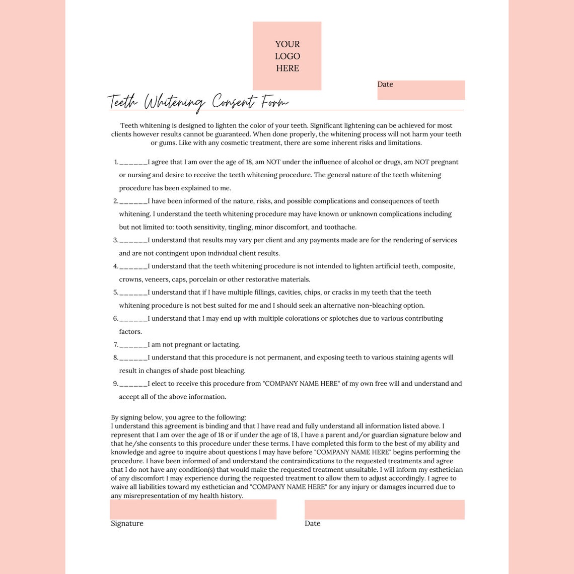 Editable Teeth Whitening Intake Consent Aftercare Form Etsy