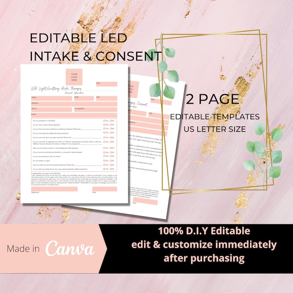 LED Light Emitting Diode Therapy Intake Consent Form I DIY Editable Printable Canva Template I Pink White I Esthetician Form I LED001T