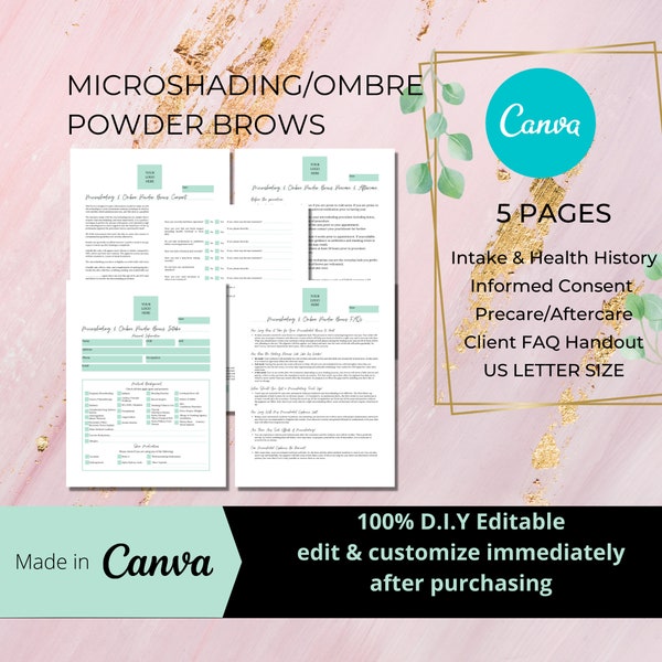 Microshading Ombre Powder Brow Intake Consent Aftercare FAQs I DIY Editable Printable Canva Template I PMU Forms I Mint White I PMUA013T
