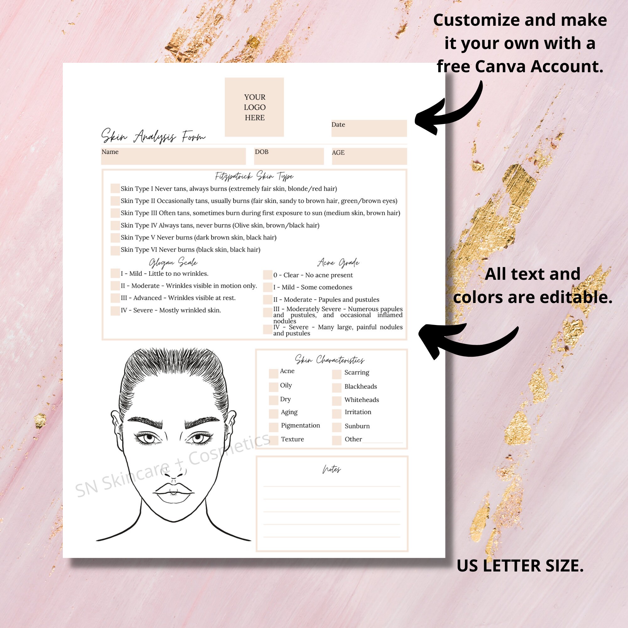 Skin Analysis Form With Face Chart I Skin Consultation I DIY | Etsy UK