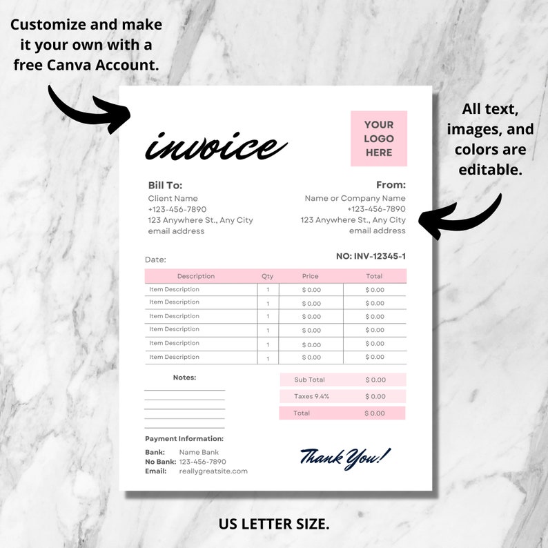 Invoice In Cursive Editable Invoice Template, Printable Order Form, Small Business Canva ...