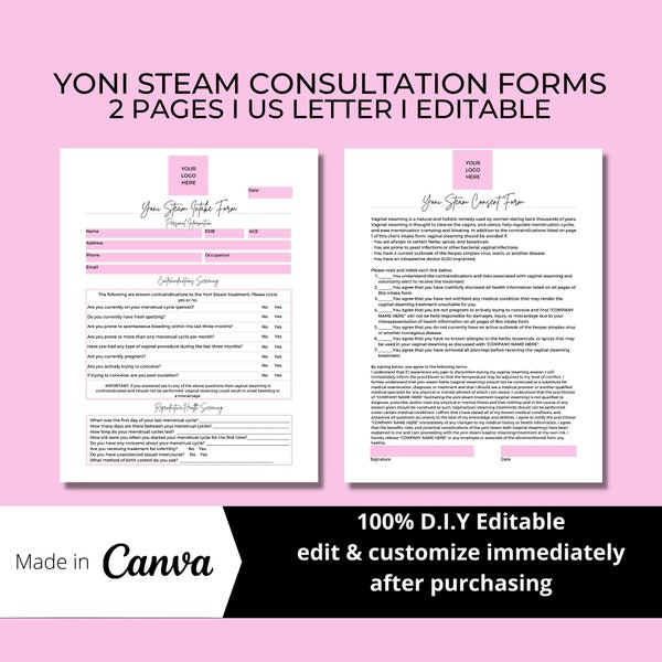 Yoni Steam Bath Intake and Consent Form, Vaginal Steaming Forms, Contraindication Screening, Client Information, V Steam Form, Yoni Steam